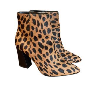 Vince Camuto Ankle Booties Sz 6 Thelmin Brown Black Leopard Print Real Cow Hair